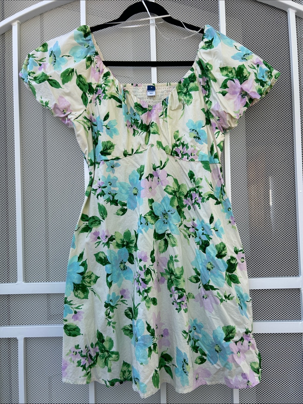 Floral Scoop Neck Summer Dress - Cream with Blue & Green Floral